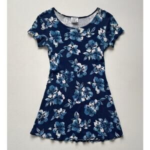 Vtg 90s Blue Floral Ribbed Short Sleeve Mini Dress / Sz L / Surf Grunge